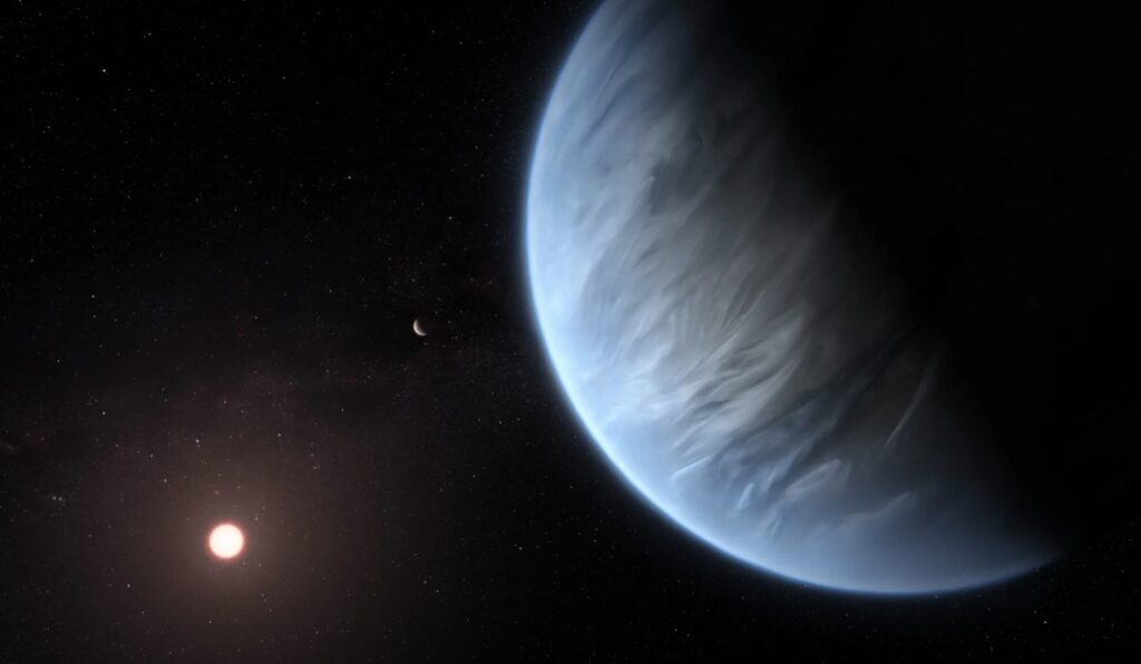 Artist’s impression shows the planet K2-18b, ESA/Hubble, M. Kornmesser.