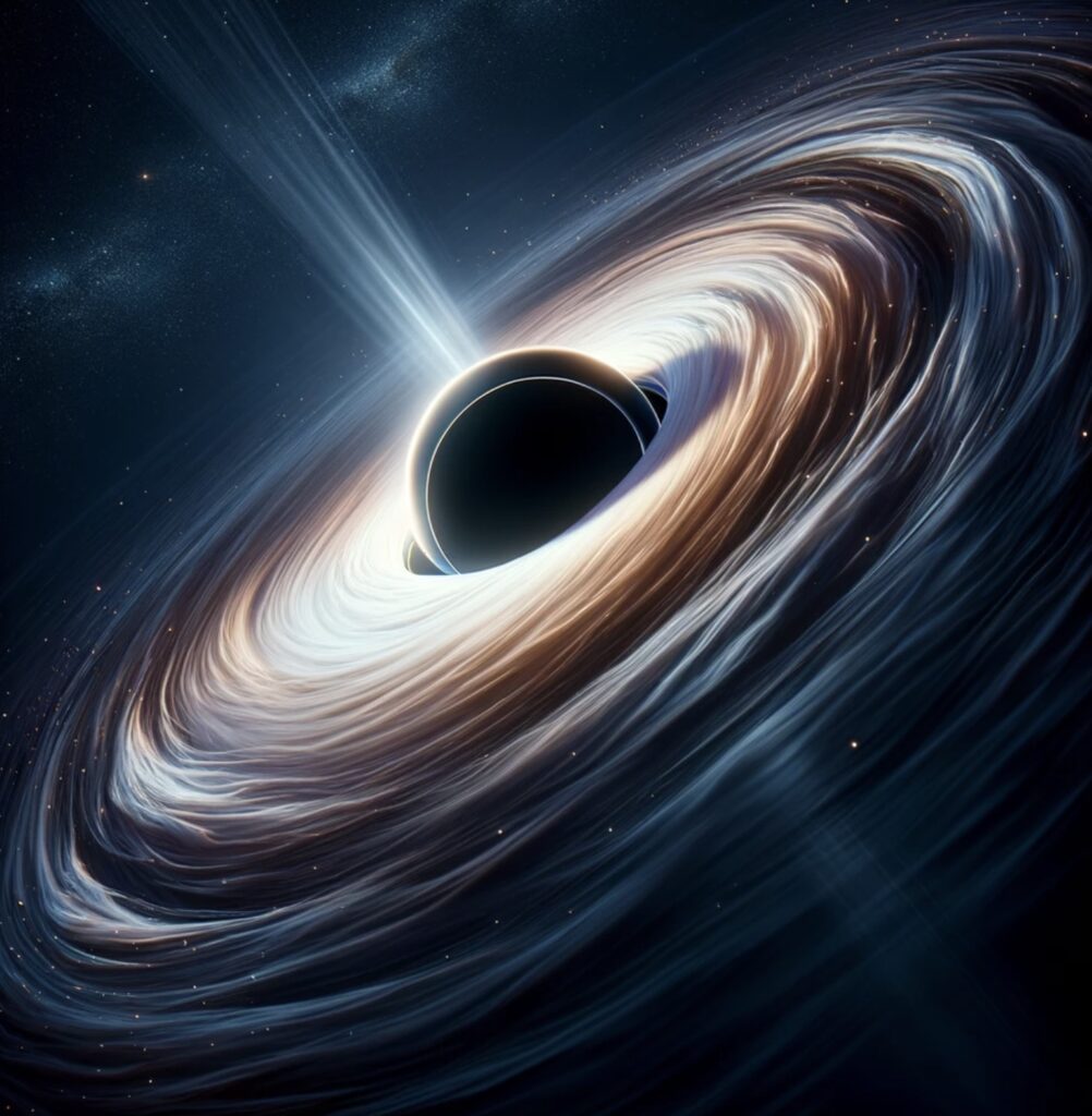 Realistic illustration of a black hole, showing the intense gravitational pull, causing a swirling effect of light and matter around its event horizon. 